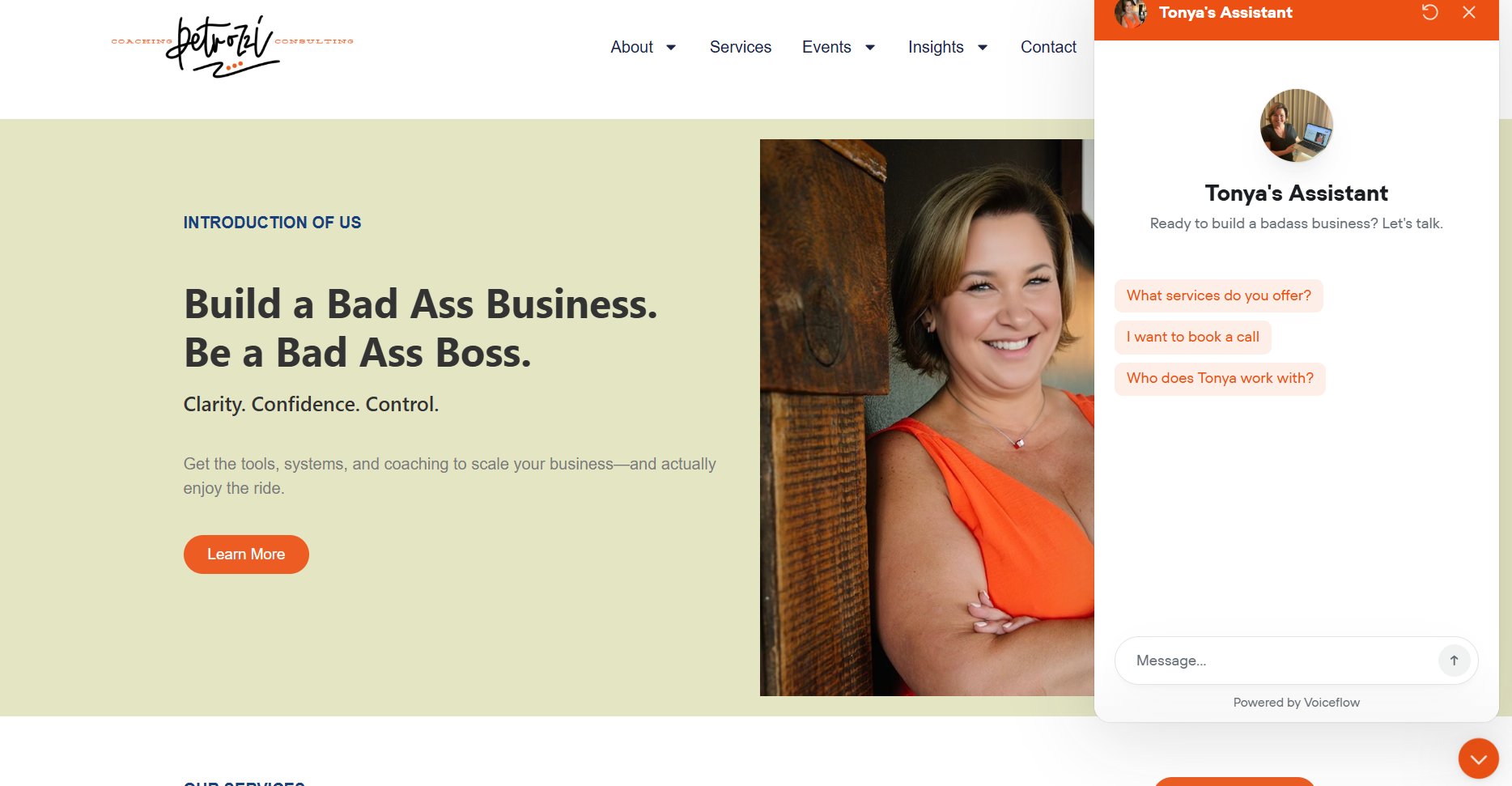 Tonya's Assistant chat widget open on petrozziconsulting.com